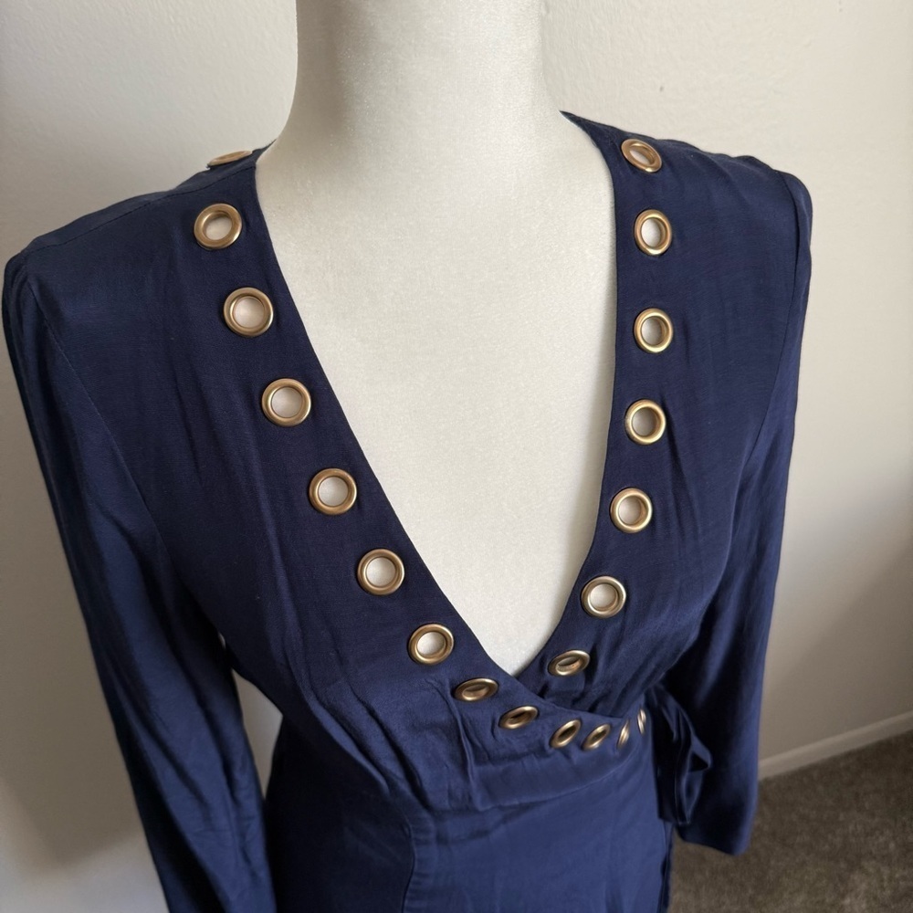 Lovers + Friends Crush Dress Long Sleeve Navy Wrap Dress Mini - Picture 6 of 8